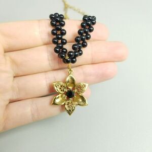 Vintage 1928 Flower Pendant and Black Beaded Necklace with Adjustable Clasp